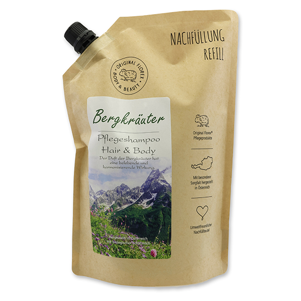 Pflegeshampoo Hair&Body mit biologischer Schafmilch 1L im Nachfüll-Beutel, Bergkräuter 