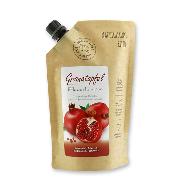 Shampoo hair&body with organic sheep milk 500ml in a refill-bag, Pomegranate 