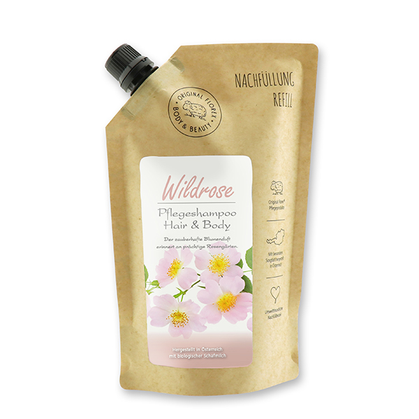 Pflegeshampoo Hair&Body mit biologischer Schafmilch 500ml im Nachfüll-Beutel, Wildrose 