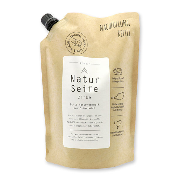 Real liquid natural soap with sheep milk 1l in a refill-bag, Swiss pine 
