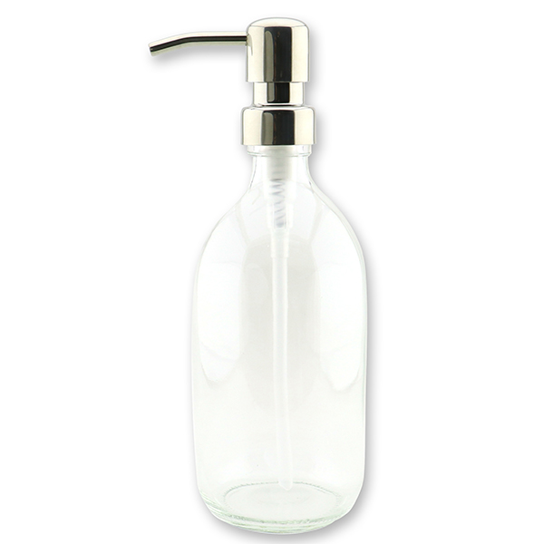 Glass bottle 500ml transparent with metal pump shiny silver 
