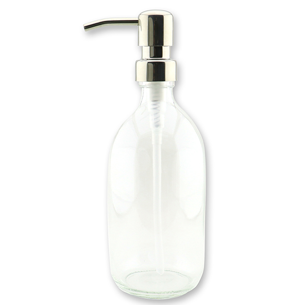 Glasflasche 500ml transparent mit Metallpumpe Glänzend Silber 