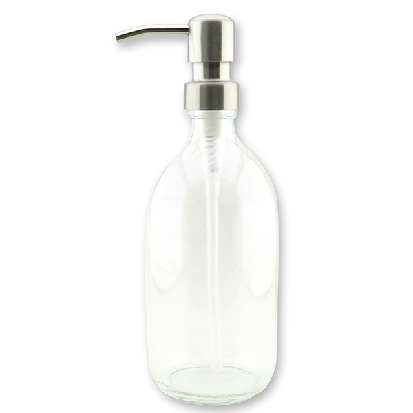 Glasflasche 500ml transparent (ohne Inhalt) mit Metallpumpe Brushed Silber 