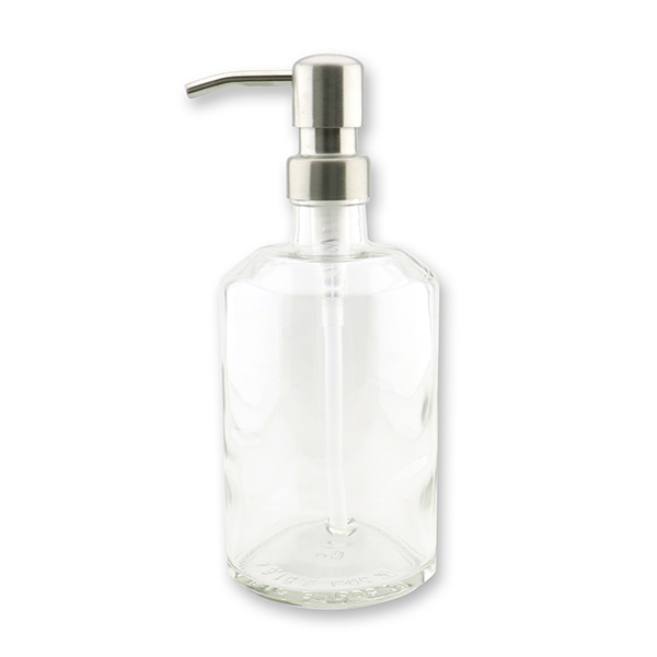 Glasflasche 500ml Chiara transparent (ohne Inhalt) mit Metallpumpe Brushed Silber 