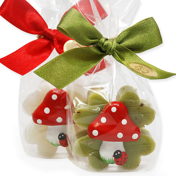 Sheep milk cloverleaf soap 25g decorated with a mushroom in a cellophane, Classic/verbena 