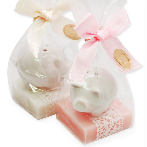 Sheep milk soap 35g decorated with a pig in cellophane, Classic/peony 