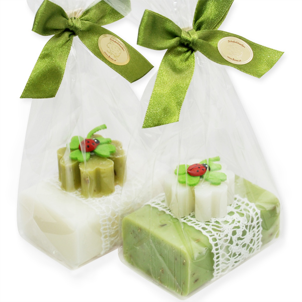 Sheep milk soap 100g decorated with soap cloverleaf 14g in cellophane, Classic/verbena 