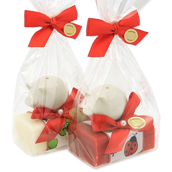 Schafmilchseife eckig 100g dekoriert mit Glücksschwein in Cello, Classic/Granatapfel 