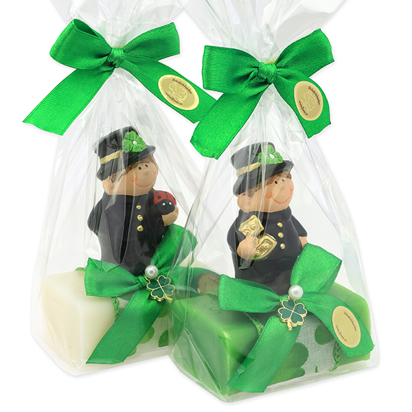 Schafmilchseife eckig 100g dekoriert mit Rauchfangkehrer in Cello, Classic/Apfel 