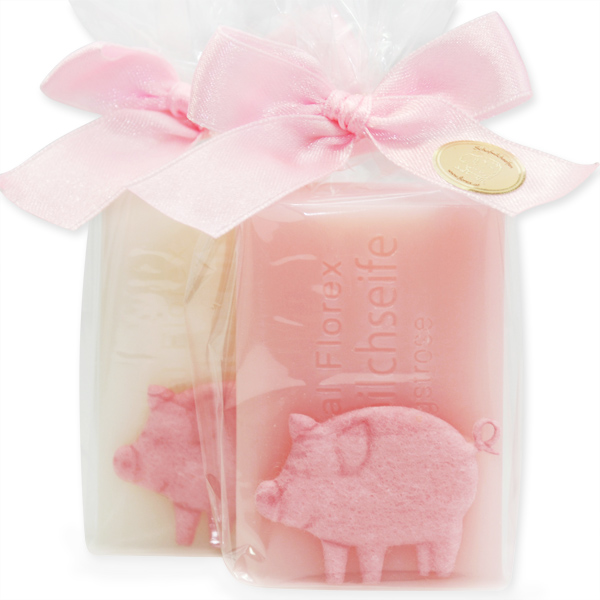 Sheep milk soap 100g decorated with a pig in a cellophane, Classic/peony 