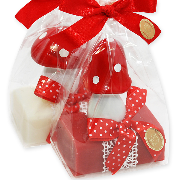 Sheep milk soap 100g decorated with a mushroom in a cellohane,  Classic/pomegranate 