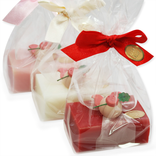 Sheep milk soap 100g decorated with a pig in a cellophane, sorted 