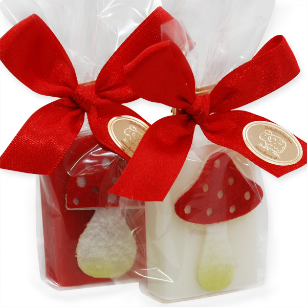 Sheep milk soap 25g decorated with a mushroom in a cellophane, Classic/pomegranate 