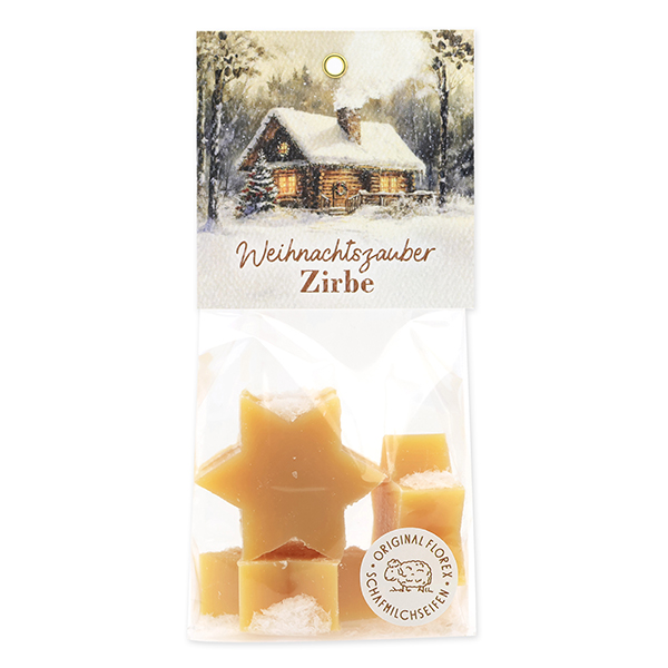 Sheep milk soap star 4x20g in a cellophane bag "Christmas magic motif 1", Swiss pine 