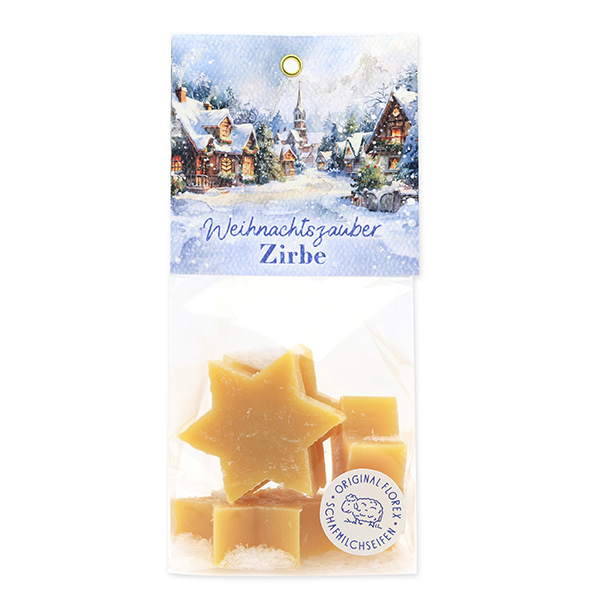 Sheep milk soap star 4x20g in a cellophane bag "Christmas magic motif 3", Swiss pine 