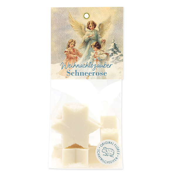Sheep milk soap star 4x20g in a cellophane bag "Christmas magic motif 7", Christmas rose white 