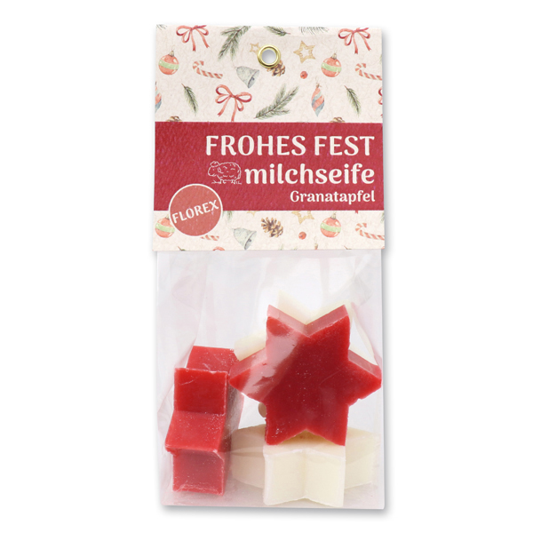 Sheep milk soap star 4x20g in a cellophane bag "Frohes Fest", Classic/Pomegranate 