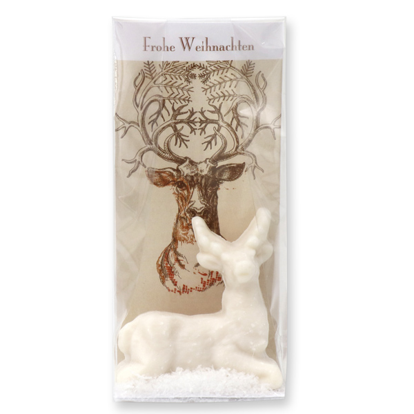 Schafmilchseife Hirsch 30g mit Spruch-Karterl "Frohe Weihnachten" verpackt in Cello, Schneerose 