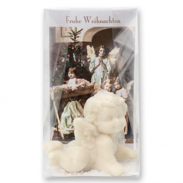 Sheepmilk soap angel 50g with labeling "Frohe Weihnachten" packed in a cellophane bag, christmas rose white 