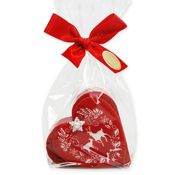 Schafmilchseife Herz 85g dekoriert mit Herz mit Hirsch in Cello, Granatapfel 