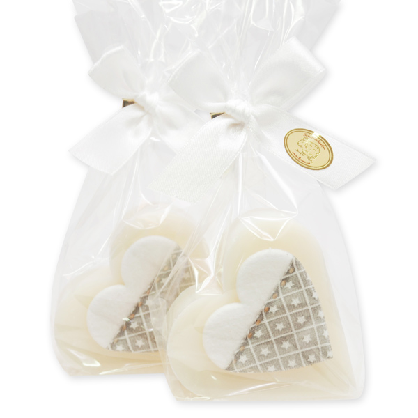 Schafmilchseife Herz 85g dekoriert mit Stoffherz in Cello, Classic 