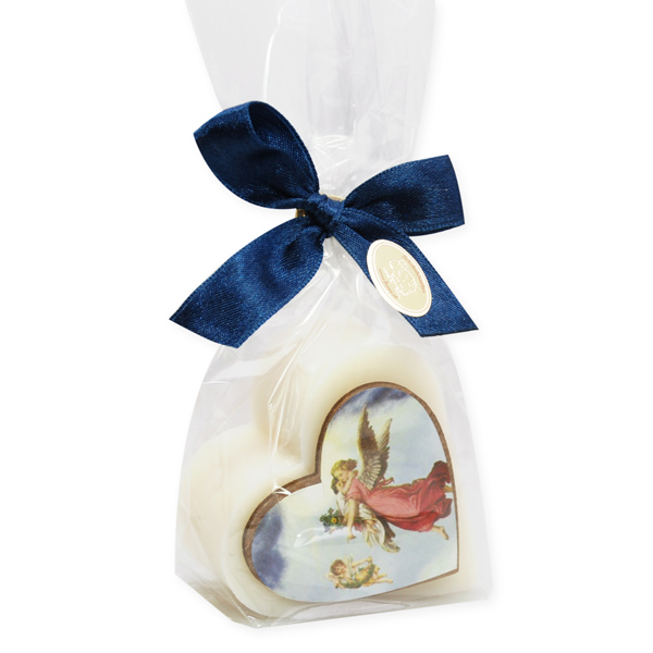 Sheep milk soap heart 85g decorated with a wooden heart in a cellophane , Classic 