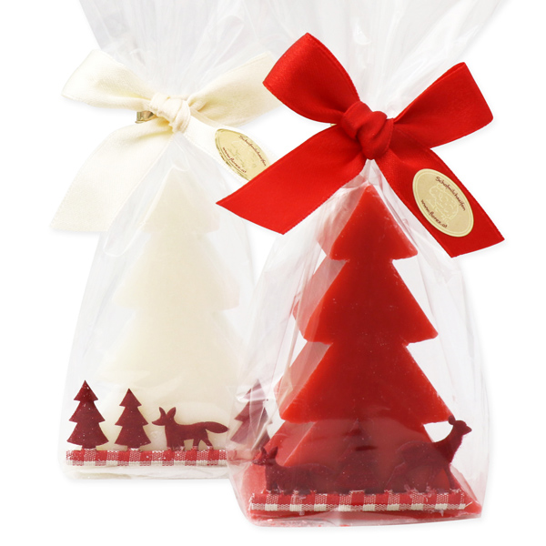 Sheep milk soap tree 75g, decorated with a forest ribbon in a cellophane, Classic/pomegranate 