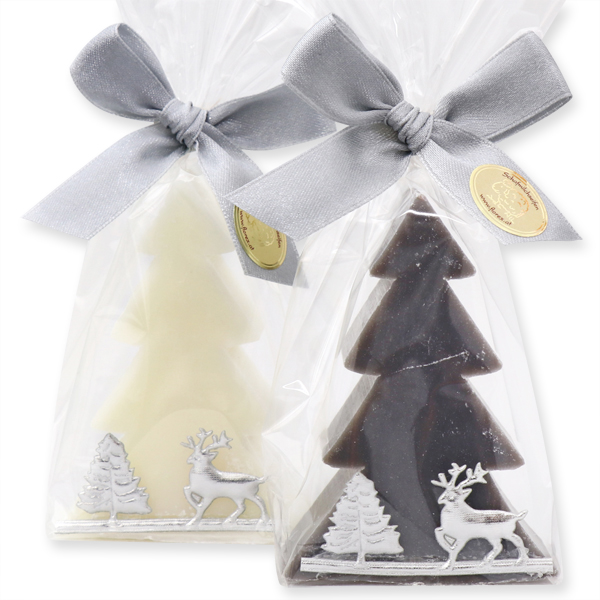 Sheep milk soap tree 75g, decorated with a forest ribbon in a cellophane, Classic/Christmas rose silver 