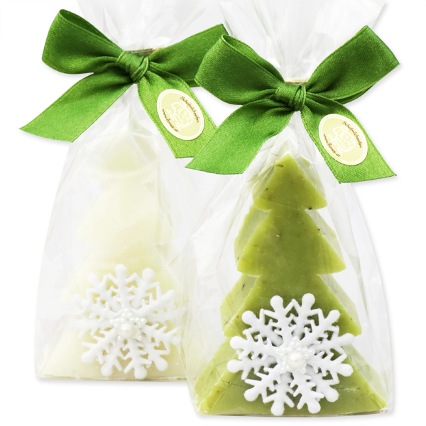 Schafmilchseife Tannenbaum 75g, dekoriert mit Schneeflocke in Cello, Classic/Eisenkraut 