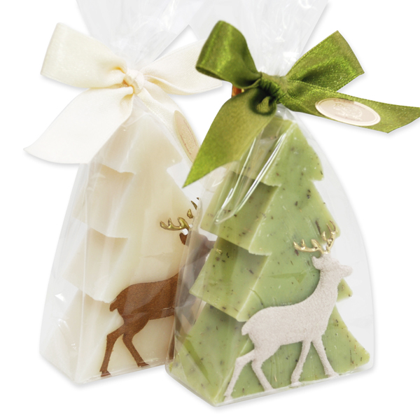 Schafmilchseife Tannenbaum 75g dekoriert mit Filzhirsch in Cello, Classic/Eisenkraut 