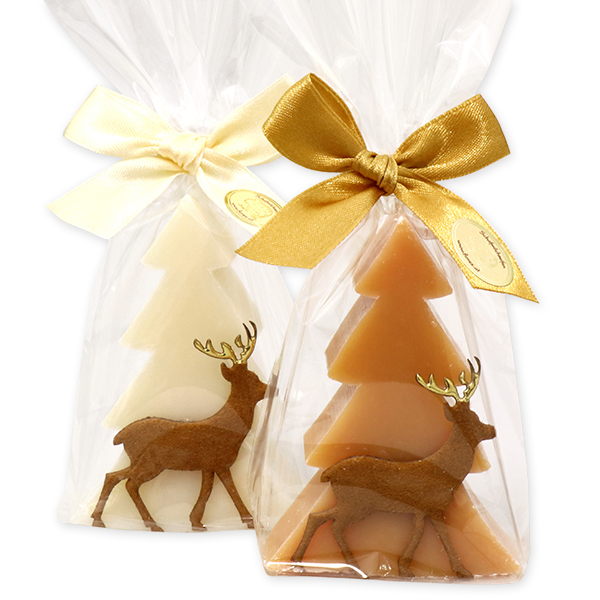 Sheep milk soap tree 75g dekorated with a deer in a cellophane, Classic/quince 