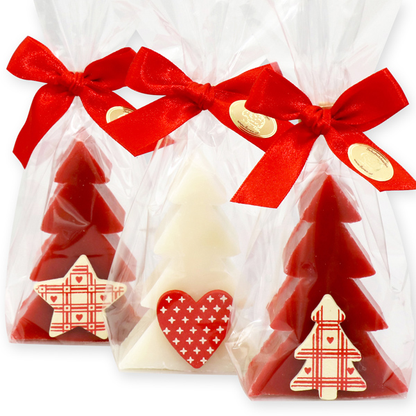 Schafmilchseife Tannenbaum 75g dekoriert mit weihnachtliche Motive in Cello, Classic/Granatapfel 