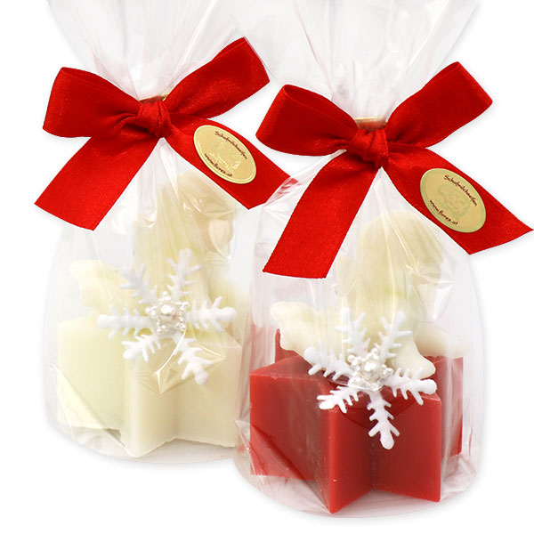 Schafmilchseife Stern 40g dekoriert mit Engel 20g in Cello, Classic/Granatapfel 