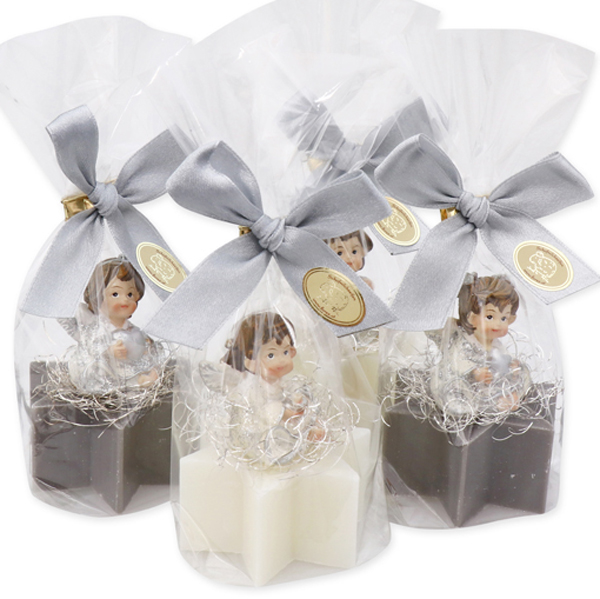 Sheep milk soap star 40g, decorated with an angel in a cellophane bag, Classic/christmas rose silver 