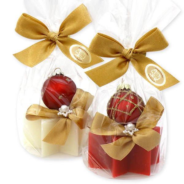 Schafmilchseife Stern 40g dekoriert mit Weihnachtskugel in Cello, Classic/Granatapfel 
