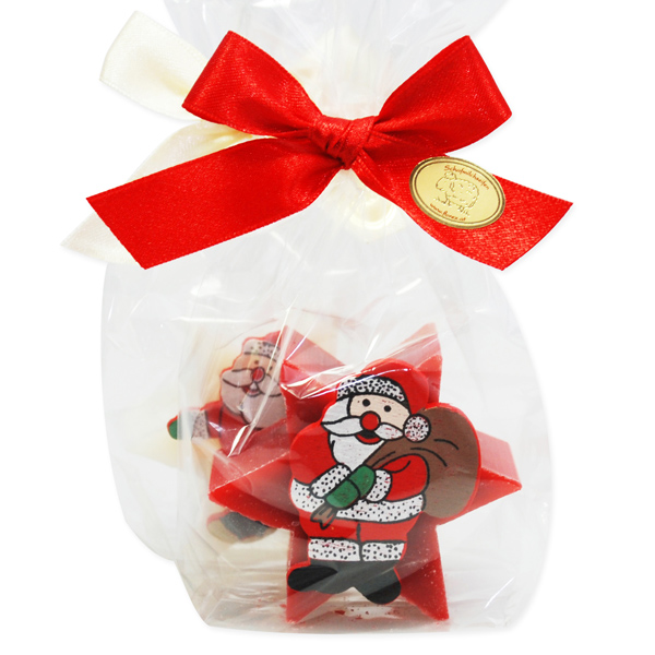 Sheepmilk soap star 40g decorated with Santa in a cellophane, Classic/pomegranate 