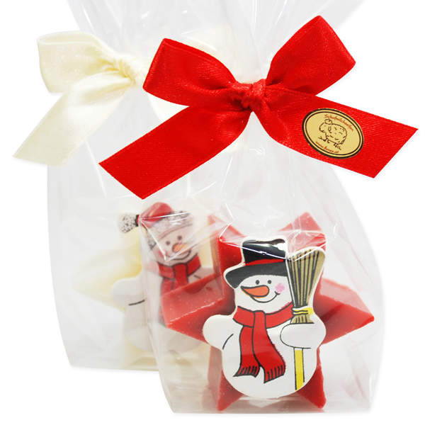Sheep milk soap star 40g decorated with a snowman in a cellophane, Classic/pomegranate 
