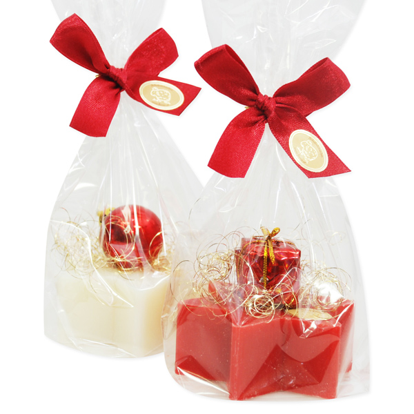 Schafmilchseife Stern 80g dekoriert mit Weihnachtsdeko in Cello, Classic/Granatapfel 