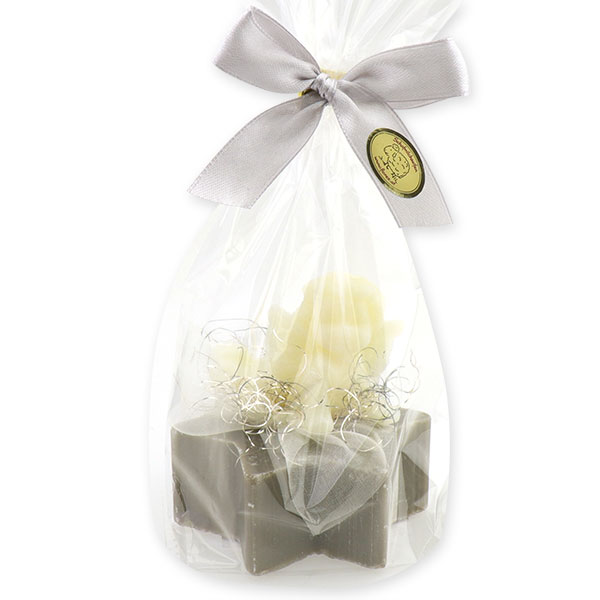 Schafmilchseife Stern 80g dekoriert mit Seifenengel 20g in Cello, Classic/Christrose 
