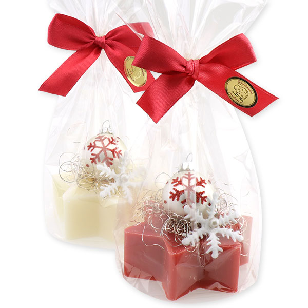 Sheep milk soap small star 80g decorated with a christmas ball in a cellophane, Classic/pomegranate 