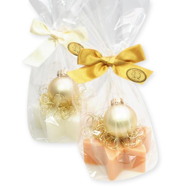 Schafmilchseife Stern 80g dekoriert mit Glaskugel in Cello, Classic/Zirbe 