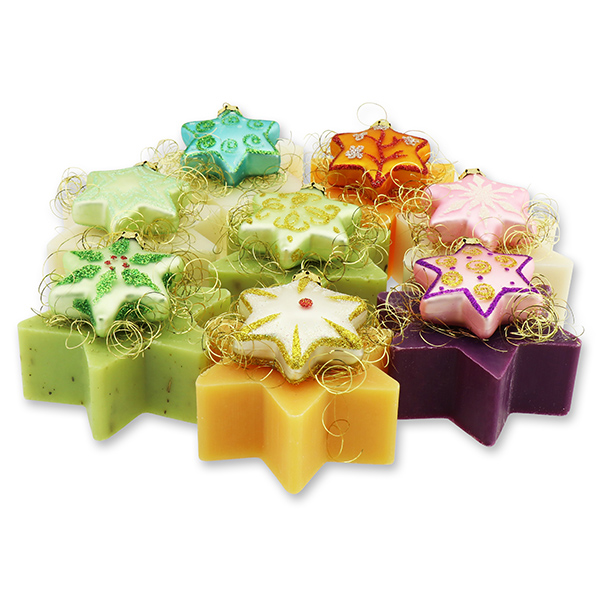 Schafmilchseife Stern 80g dekoriert mit Glasstern bunt, sortiert 