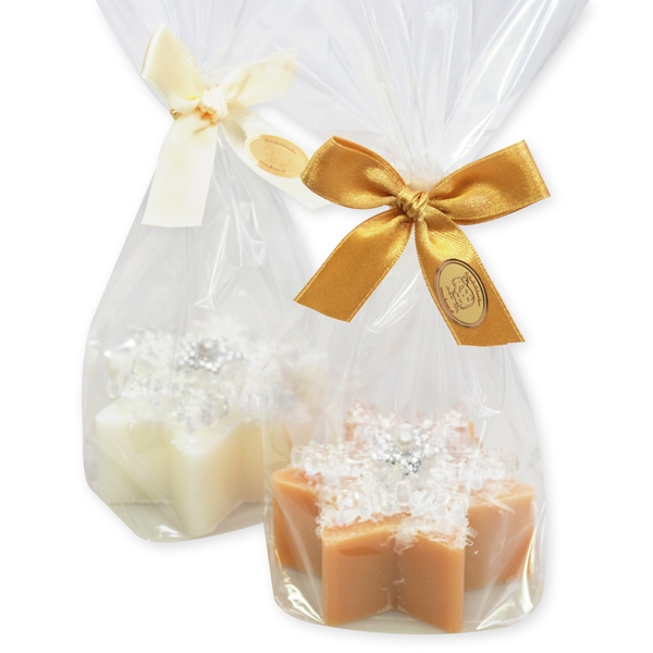 Sheep milk soap star 80g decorated with snow crystals in a cellophane, Classic/swiss pine 
