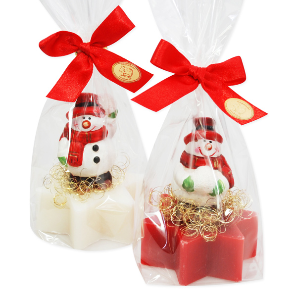 Schafmilchseife Stern 80g dekoriert mit Schneemann in Cello, Classic/Granatapfel 