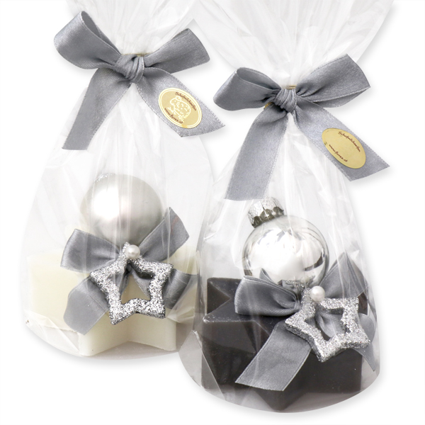 Schafmilchseife Stern 80g dekoriert mit Glaskugel in Cello, Classic/Christrose 