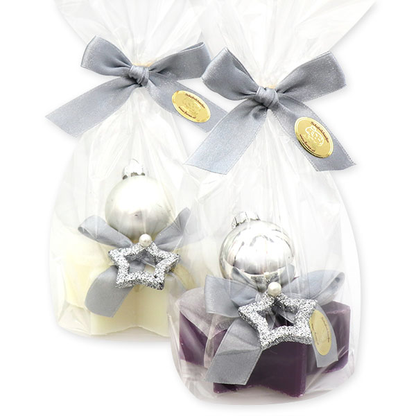 Sheep milk soap star 80g, decorated with a christmas ball in a cellophane, Classic/elderberry 