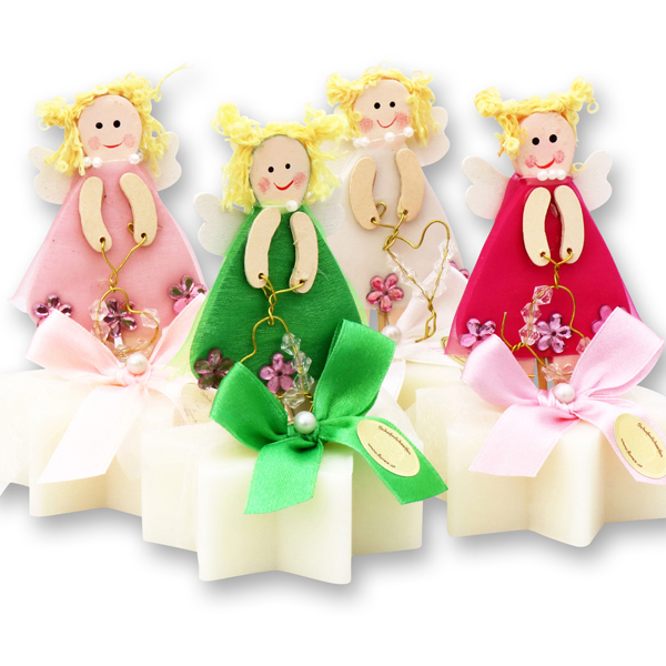 Sheep milk soap star 80g, decorated with an wooden angel, Classic 