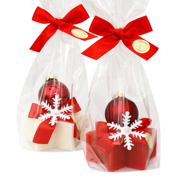 Sheep milk soap star 80g decorated with a christmas ball in a cellophane, Classic/pomegranate 