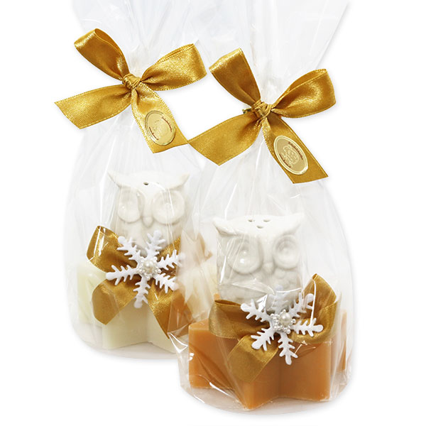 Sheep milk star soap 80g decorated with an owl in a cellophane, Classic/swiss pine 