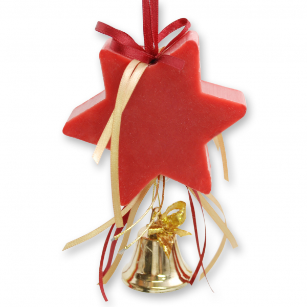 Sheep milk soap star 80g hanging, decorated with a bell, Pomegranate 